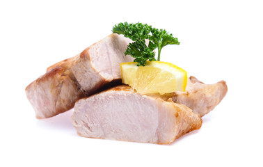 roasted pork slices isolated on white background