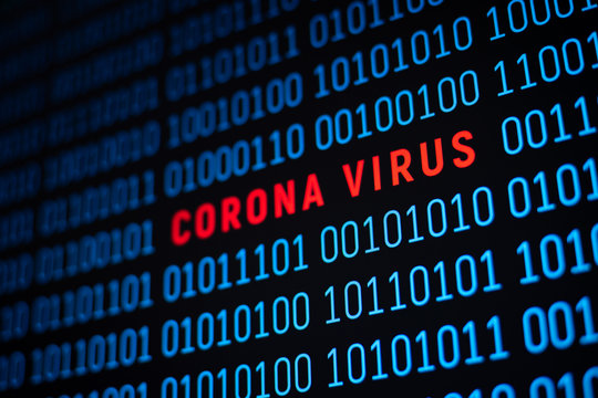 Binary code with corona virus inscription. Concept of virus made by humanity using modern technologies in medicine