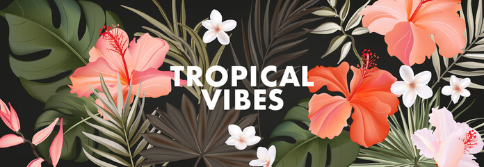 Tropical vibes hibiscus, royal palm, plumeria flowers hawaii exotic print. Summer Wide horisontal website banner, vector. Rainforest set