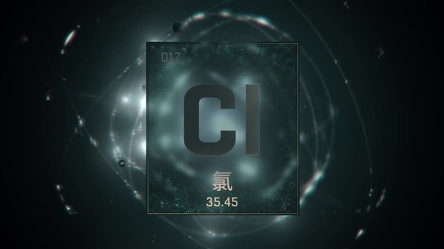 Chlorine as Element 17 of the Periodic Table. Seamlessly looping 3D animation on green illuminated atom design background orbiting electrons name, atomic weight element number in Chinese language