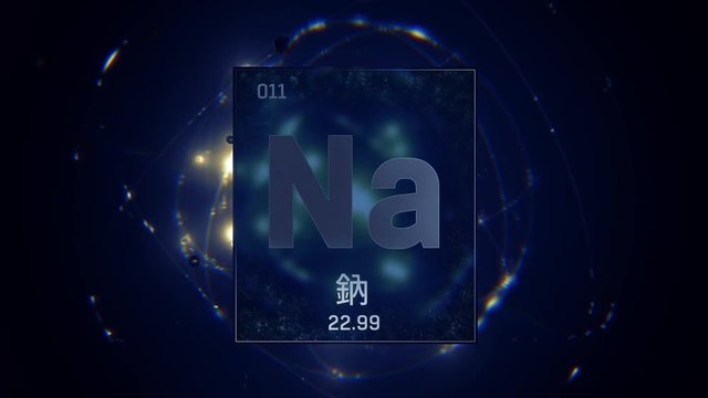 Sodium as Element 10 of the Periodic Table. Seamlessly looping 3D animation on silver illuminated atom design background orbiting electrons name, atomic weight element number in Chinese language
