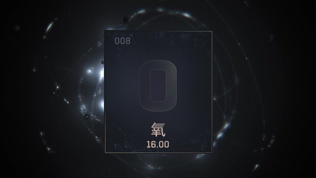 Oxygen as Element 8 of the Periodic Table. Seamlessly looping 3D animation on silver illuminated atom design background orbiting electrons name, atomic weight element number in Chinese language