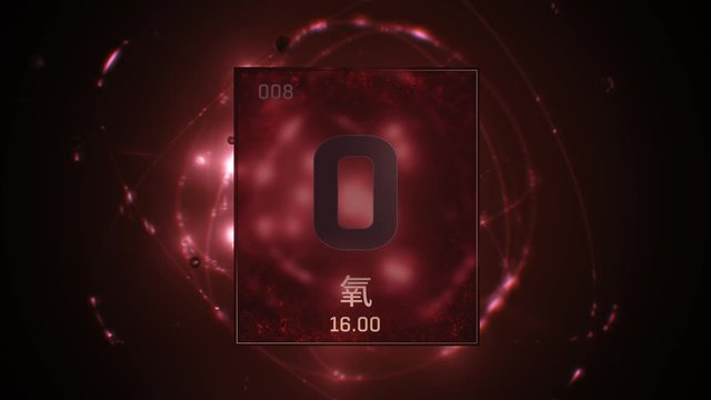 Oxygen as Element 8 of the Periodic Table. Seamlessly looping 3D animation on red illuminated atom design background orbiting electrons name, atomic weight element number in Chinese language