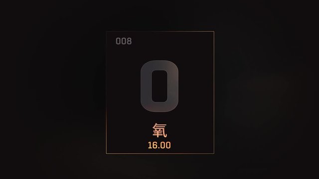 Oxygen as Element 8 of the Periodic Table. Seamlessly looping 3D animation on grey illuminated atom design background orbiting electrons name, atomic weight element number in Chinese language