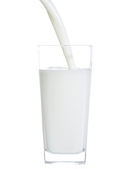 pouring milk in glass isolated on white background