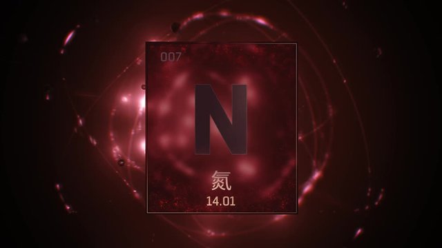 Nitrogen as Element 7 of the Periodic Table. Seamlessly looping 3D animation on red illuminated atom design background orbiting electrons name, atomic weight element number in Chinese language