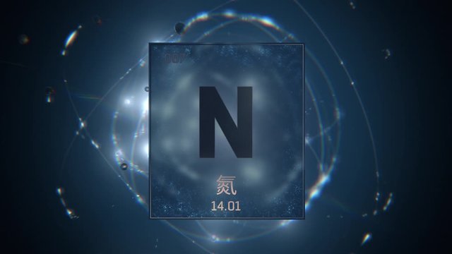 Nitrogen as Element 7 of the Periodic Table. Seamlessly looping 3D animation on blue illuminated atom design background orbiting electrons name, atomic weight element number in Chinese language