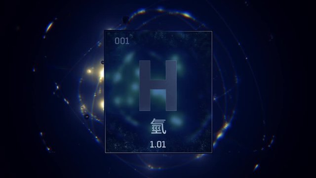 Hydrogen as Element 1 of the Periodic Table. Seamlessly looping 3D animation on blue illuminated atom design background orbiting electrons name, atomic weight element number in Chinese language