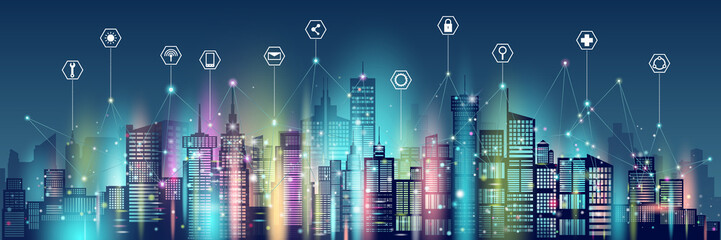 Wireless technology network communication smart city and icon.
