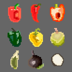 A set of nine food elements in the style of a small number of pixels, various vegetables such as peppers, beets, and more. A set of illustrations for games and other various purposes.