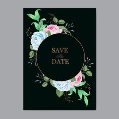 Elegant wedding card template with classic blue floral and leaves