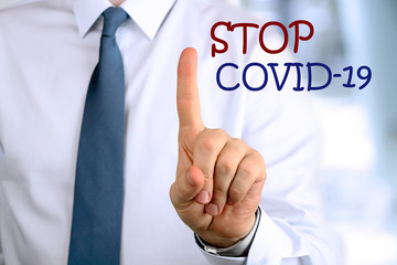 Business Man POINTS OUT stop covid 19