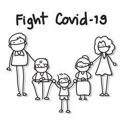 hand drawing cartoon character people in family wear mask protection fight Covid-19