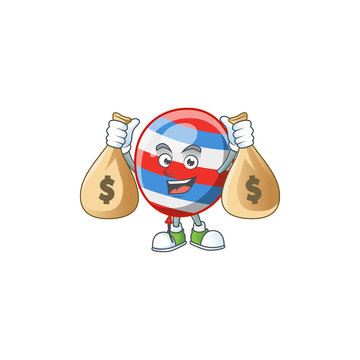 Happy rich independence day balloon mascot design carries money bags