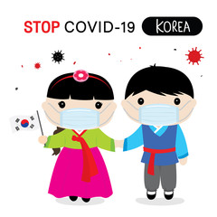 Korean People to Wear National Dress and Mask to Protect and Stop Covid-19. Coronavirus Cartoon Vector for Infographic.  