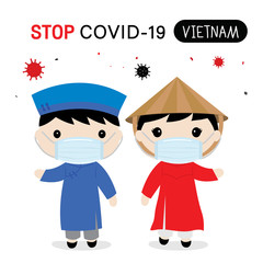 Vietnam People to Wear National Dress and Mask to Protect and Stop Covid-19. Coronavirus Cartoon Vector for Infographic.  