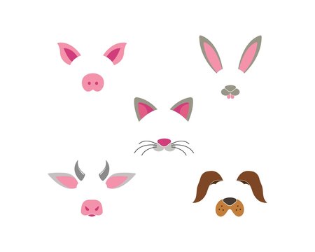 Animal face dog,rabbit,cow,pig,cat elements set. Vector illustration. Animal character ears and nose. Video chart filter effect for selfie photo