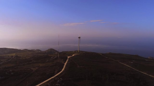 Aerial view of Wind power turbines in energy station. Galicia, Spain