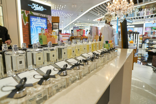 HONG KONG, CHINA - CIRCA APRIL, 2019: Jo Malone fragrances on display in Hong Kong International Airport Duty Free area.