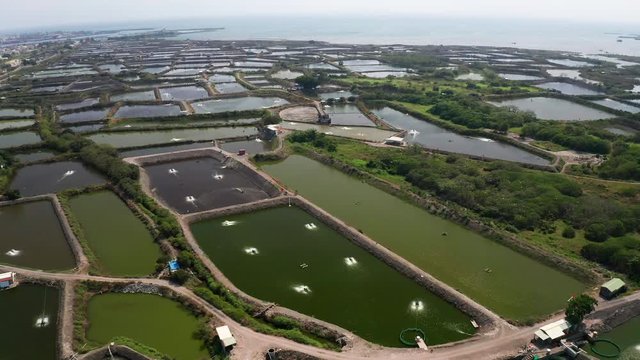 aerial view of fish farm and coast . Taiwan.