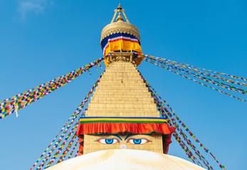 The Buddha eyes of Boudhanath Stupa the largest stupas in the world located in Kathmandu the capital city of Nepal.