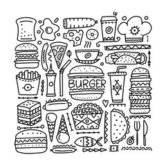 Fast food icons. Hamburger pizza sausages snacks sandwich ice cream. Food menu background for your design