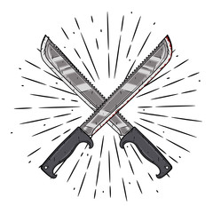 Crossed machetes. Hand drawn vector illustration with a crossed machetes and divergent rays. Used for poster, banner, web, t-shirt print, bag print, badges, flyer, logo design and more.