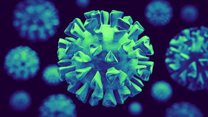 3D Rendering of Novel Coronavirus COVID-19. An artist's depiction of the microscopic virus responisble for a global pandemic.