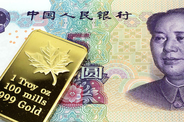 A macro image of a purple Chinese five yuan note with a gold bar.  Shot close up.