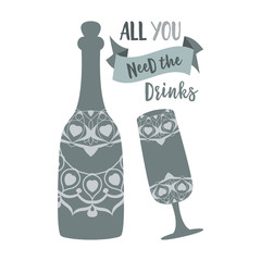 Soft grey color of bottle and glass with modern chinese mandala design. Vector