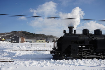 old steam train in snow