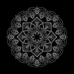 Circular pattern, white mandala on a black background. Abstract vector dark background