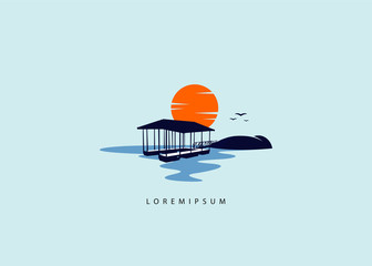 Lake dock lift logo template, dock lift sunset illustration
