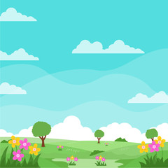 Nature landscape vector illustration in cute cartoon style with flowers, trees and bright sky suitable for kids background 