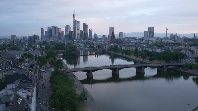 Empty skyscraper of City of Frankfurt by Drone in the Morning in Corona Crisis