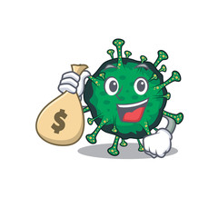 Smiley rich bat coronavirus cartoon character bring money bags