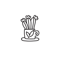 Cactus doodle illustration isolated on a white background. Home plant in pot. Hand-drawn line illustration. Can be used to colouring book.