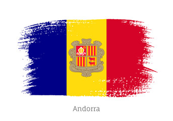Andorra flag in shape of paintbrush stroke. National identity symbol. Grunge brush blot object isolated on white background vector illustration. Principality of Andorra country patriotic stamp.