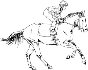 jockey on a galloping horse painted with ink by hand