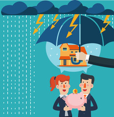 Hand with umbrella protecting business people. Businessman and business woman with piggy bank under thunderstorm.  Business and finance protection vector concept