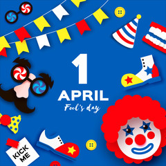 1 April Fools day. Funny Crazy Mask Glasses. Kick me prank paper sticker. Funny Clown, red wig. Clown shoes and bow in paper cut style on blue. Space for text.