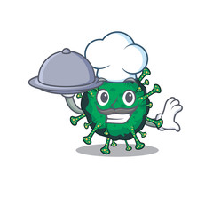 Bat coronavirus as a chef cartoon character with food on tray