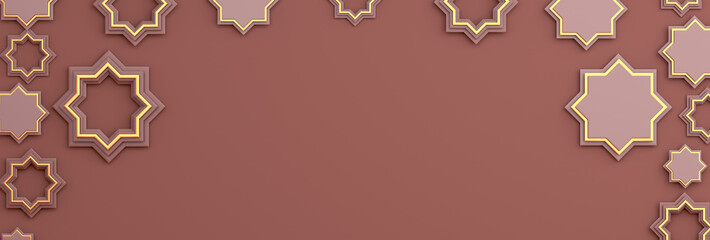 Arabic geometric star ornament on brown background. Design creative concept of islamic celebration day ramadan kareem or eid al fitr adha, copy space text area, 3D rendering illustration.