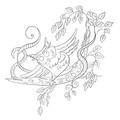 Owl on a branch tree. Print Coloring page. Vector illustration