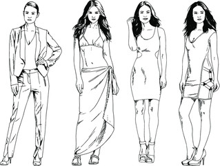 vector drawings on the theme of beautiful slim sporty girl in casual clothes in various poses painted ink hand sketch with no background