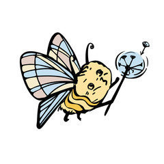 Cute butterfly blowing on a dandelion. Vector illustration in cartoon style. Isolated on a white background.
