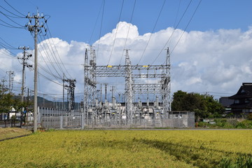 屋外変電設備と送電線