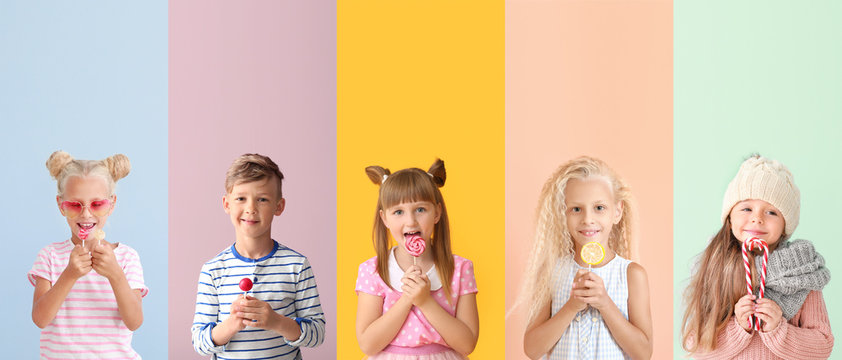Cute little children with lollipops on color background