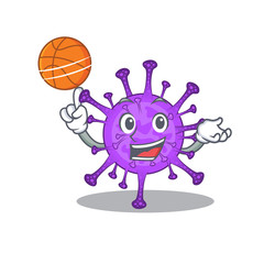 A sporty bovine coronavirus cartoon mascot design playing basketball