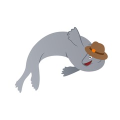 Illustration of Seal Wears A Swimming Cap While Waving Cartoon, Cute Funny Character, Flat Design